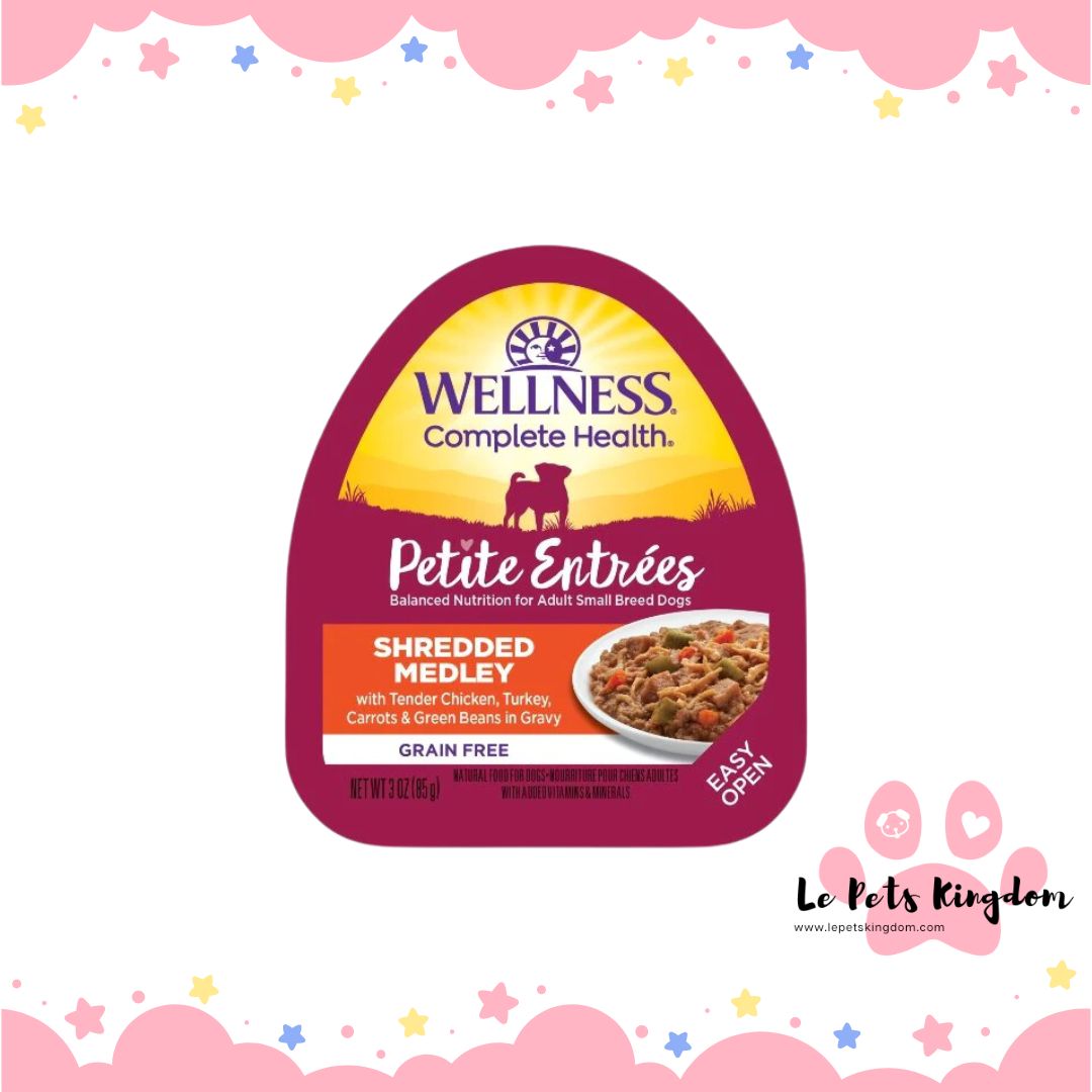 Wellness Petite Entrees Shredded Medley Tender Chicken, Turkey Grain-Free Tray Dog Food 85g