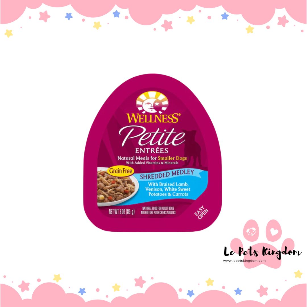 Wellness Petite Entrees Shredded Medley Braised Lamb, Venison Grain-Free Tray Dog Food 85g