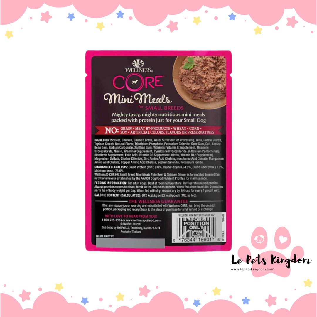 Wellness CORE Mini Meals Pate Beef & Chicken Dinner Grain-Free Pouch Dog Food 3oz