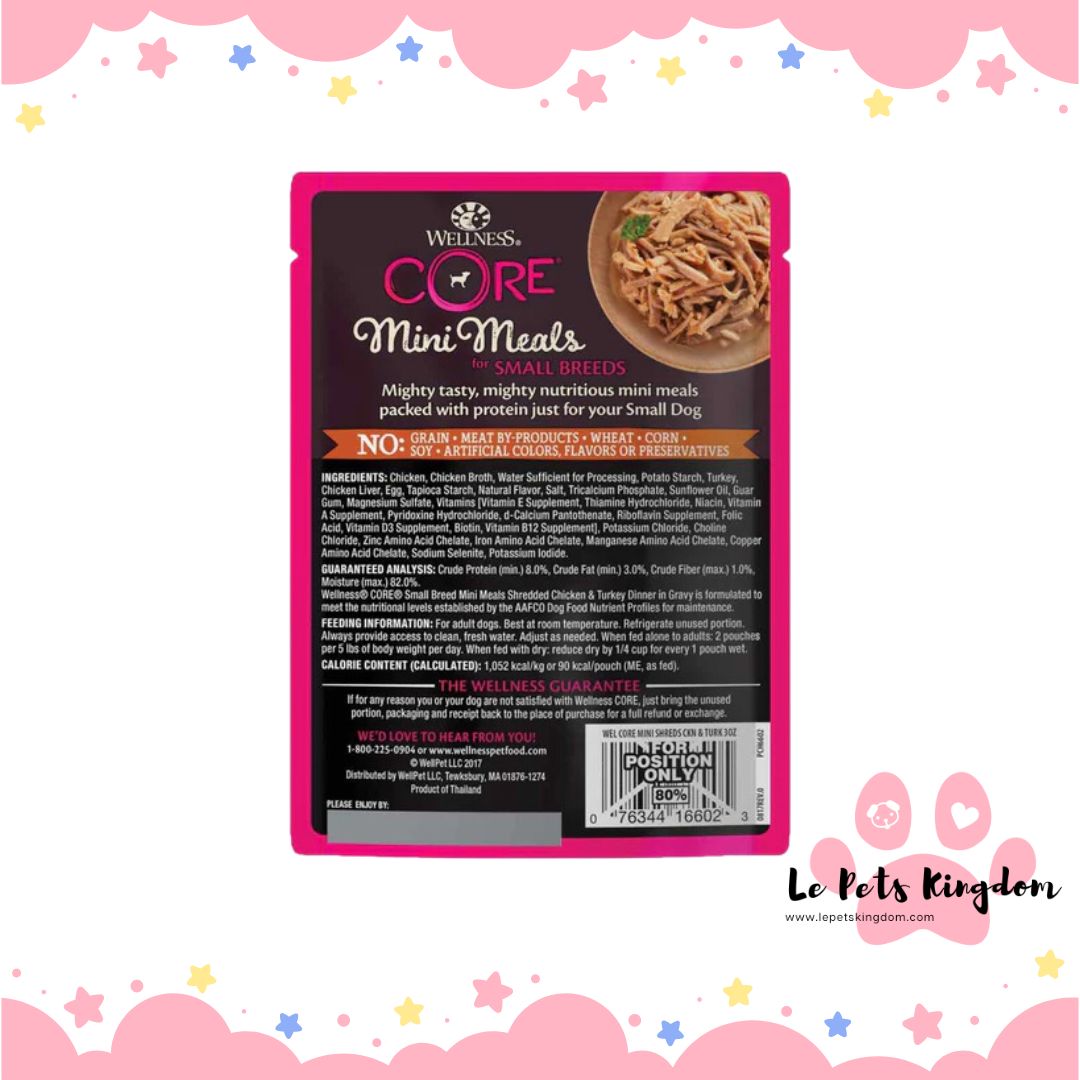 Wellness CORE Mini Meals Shredded Chicken & Turkey Dinner In Gravy Grain-Free Pouch Dog Food 3oz