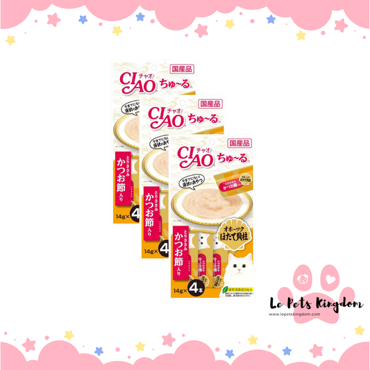 [BUNDLE OF 3] Ciao Churu Chicken Fillet Scallop & Sliced Bonito Grain-Free Cat Treats 14g x 4