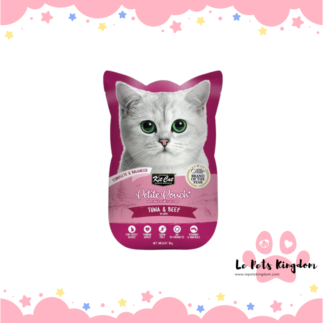 [BUNDLE OF 12] Kit Cat Petite Pouch Tuna & Beef In Aspic Grain-Free Pouch Cat Food 70g