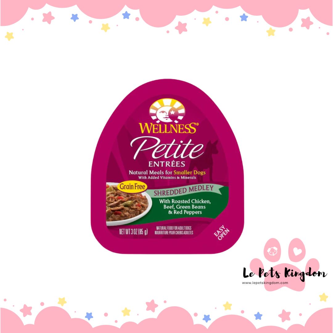 Wellness Petite Entrees Shredded Medley Roasted Chicken, Beef Grain-Free Tray Dog Food 85g